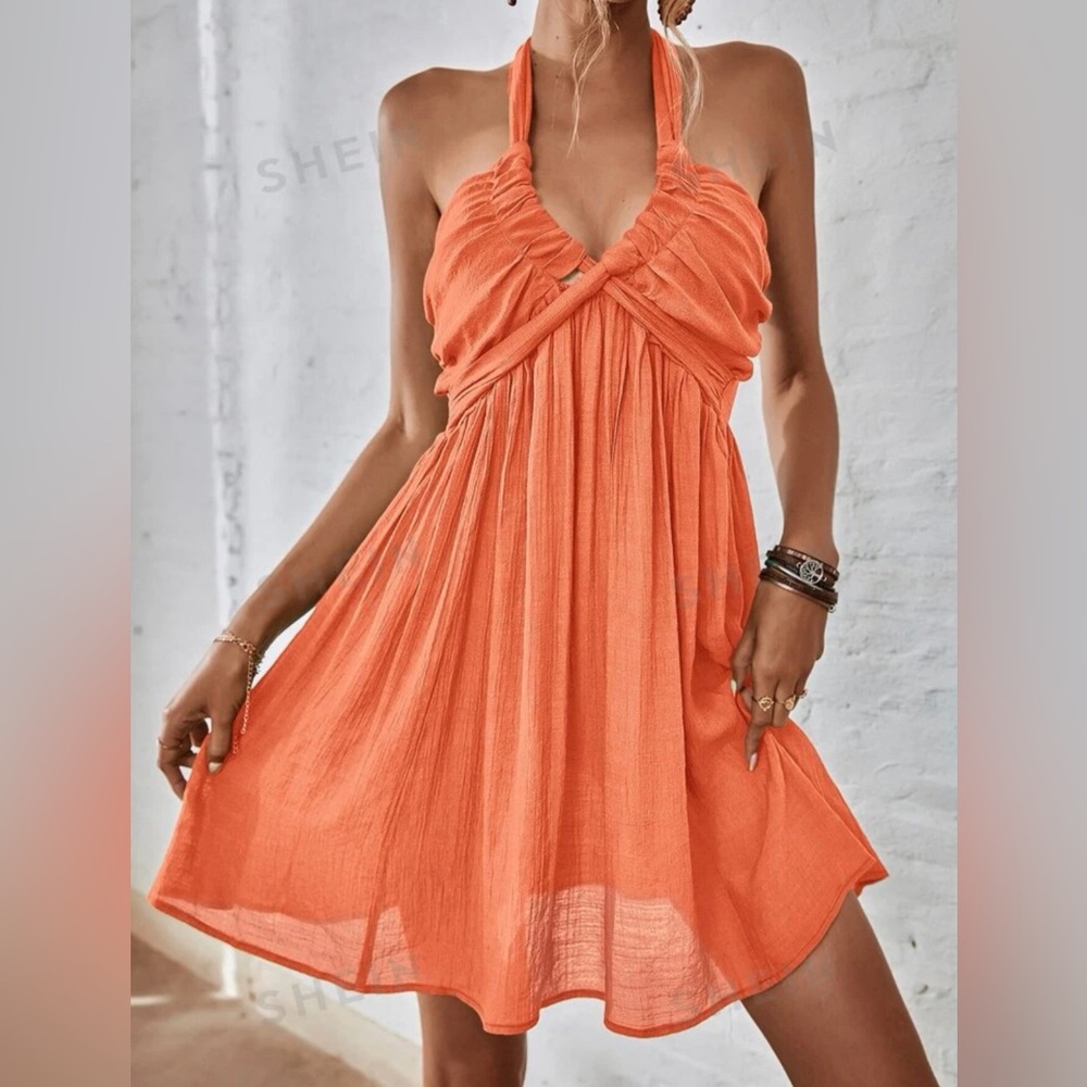 SHEIN VCAY Shirred Backless Halter Neck Dress